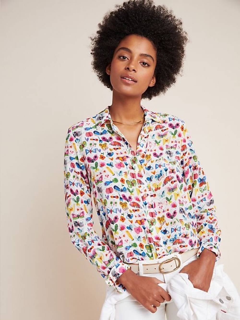The Art of Anthropologie 100% Silk Butterfly Floral Button-Up Blouse